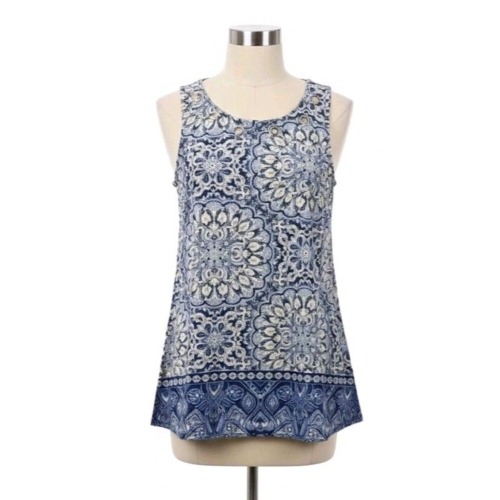 New Directions Womens Top Large Blue White Paisley Sleeveless Tunic Stretch